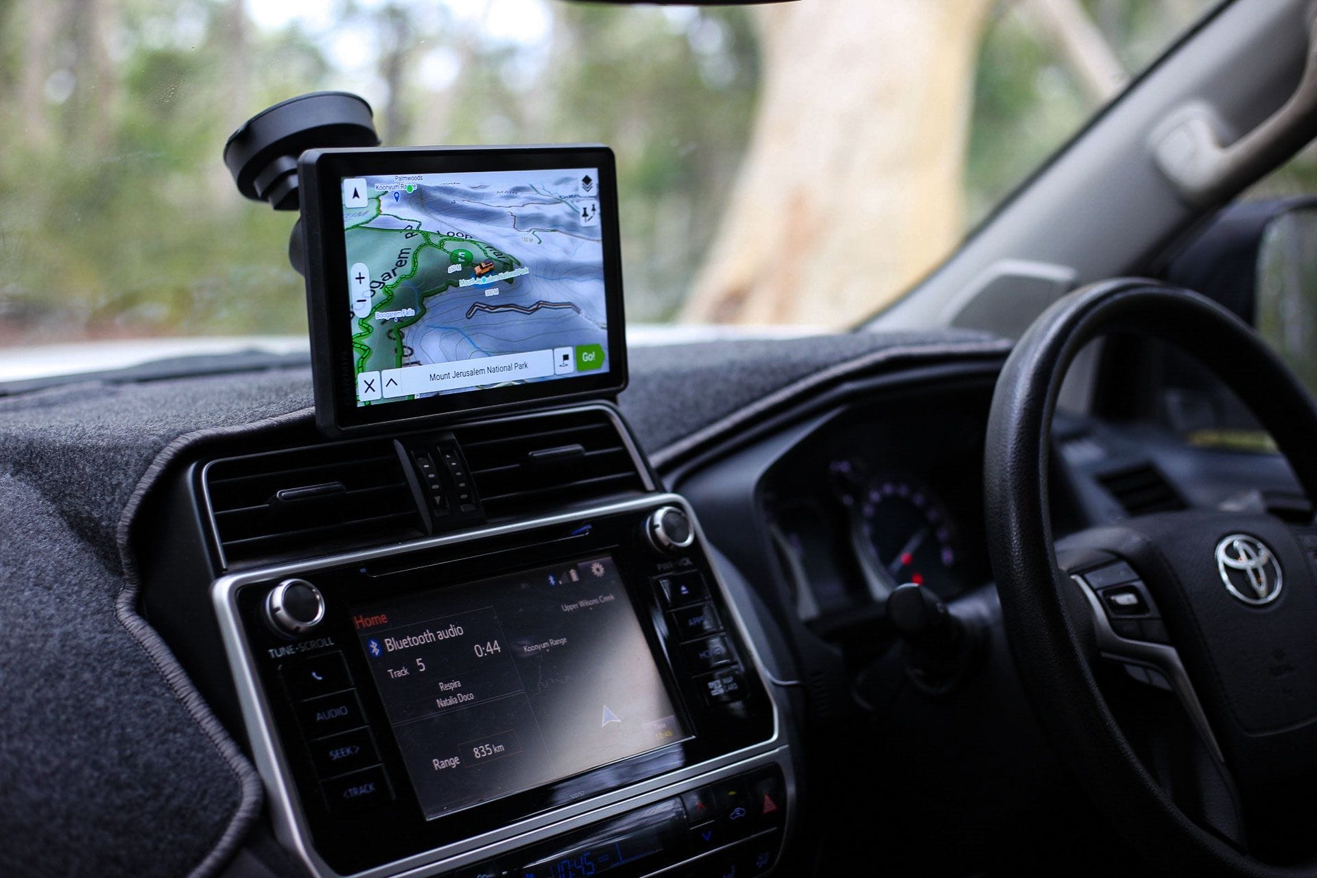 Garmin Tread 2 Overland, by Casey, in-car navigation, Mount Jerusalem National Park, Toyota Prado dashboard, off-road GPS, Hema Maps, sat nav, touring