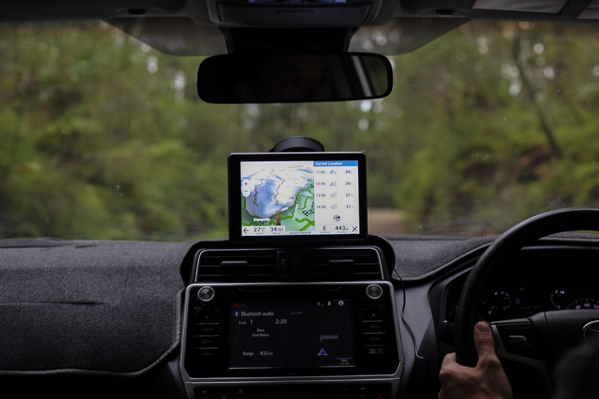 Garmin Tread 2 Overland sat nav, by Casey, in-car view, driving, dashboard, GPS navigation, offroad map, Bluetooth audio, forest view, 4WDing, overland touring, HEMA Maps