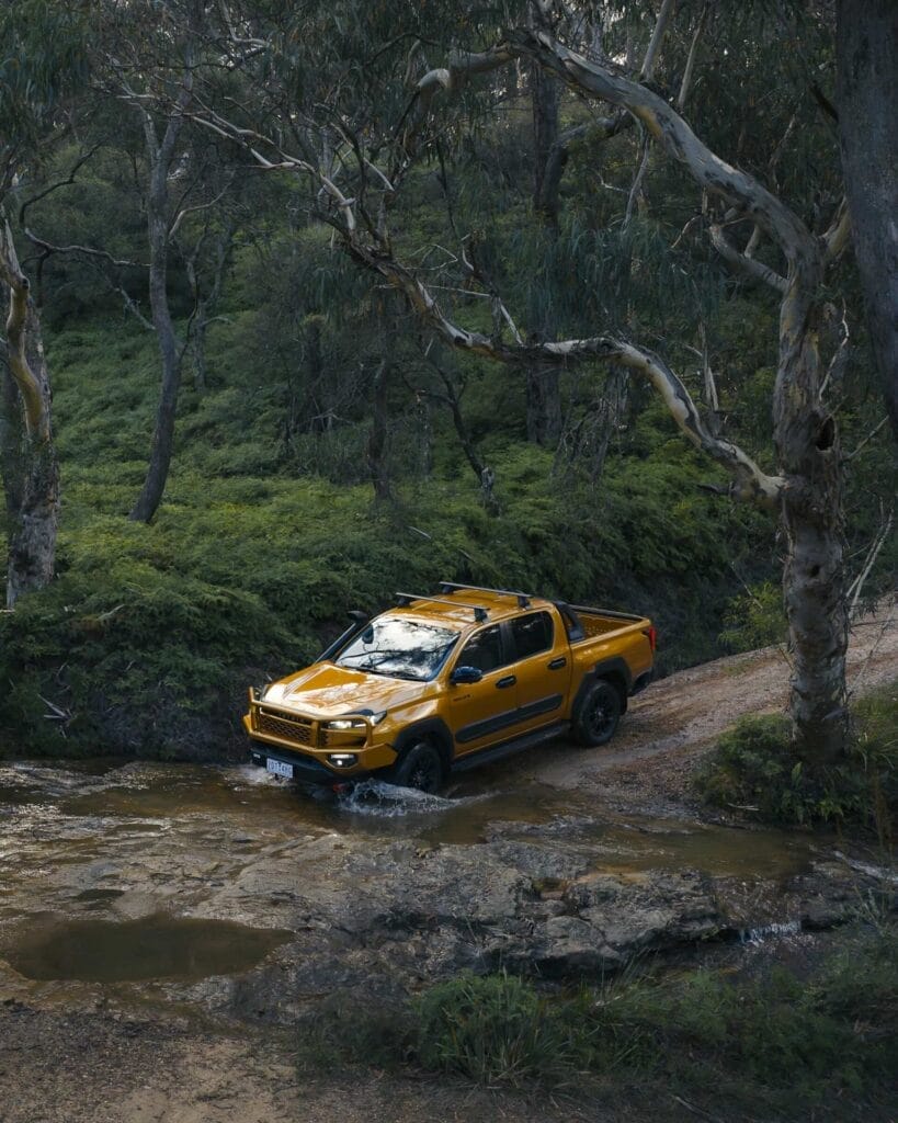 Toyota HiLux, Daygin, water crossing, off-road adventure, yellow pickup truck, forest, Blue Mountains