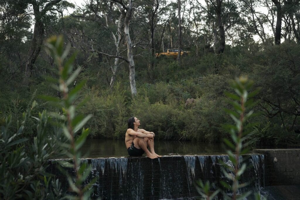 Daygin, by Daygin, creek dip, man, waterfall, forest, Toyota HiLux, wild swimming, Blue Mountains, adventure photographer