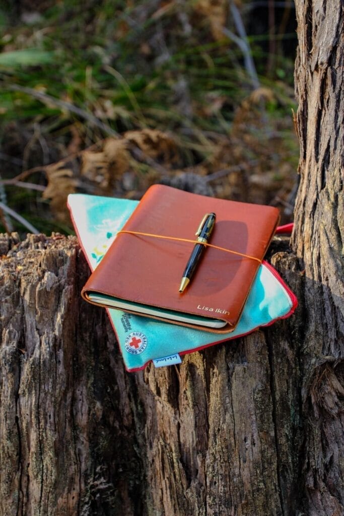 Leather notebook, journal, pen, by Lisa Ikin, on tree stump, outdoors, nature writing, solo camping, Australian bush