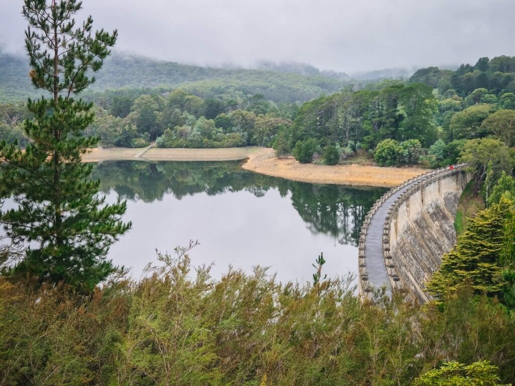 Maroondah Reservoir Park, Maroondah Dam, by Elisha, Healesville, Yarra Valley, Victoria, Australia, concrete dam wall, reservoir lake, forested hills, misty mountains, water reflections, scenic park, nature trails, hiking