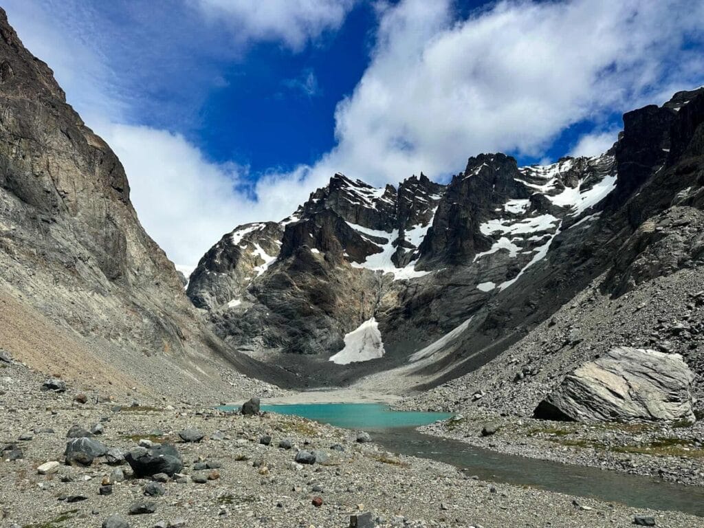 Turquoise Glacial Lake, Cerro Castillo National Park, Patagonia, by Bea, snow-capped mountains, rugged peaks, rocky landscape, Las Horquetas Trek, hiking
