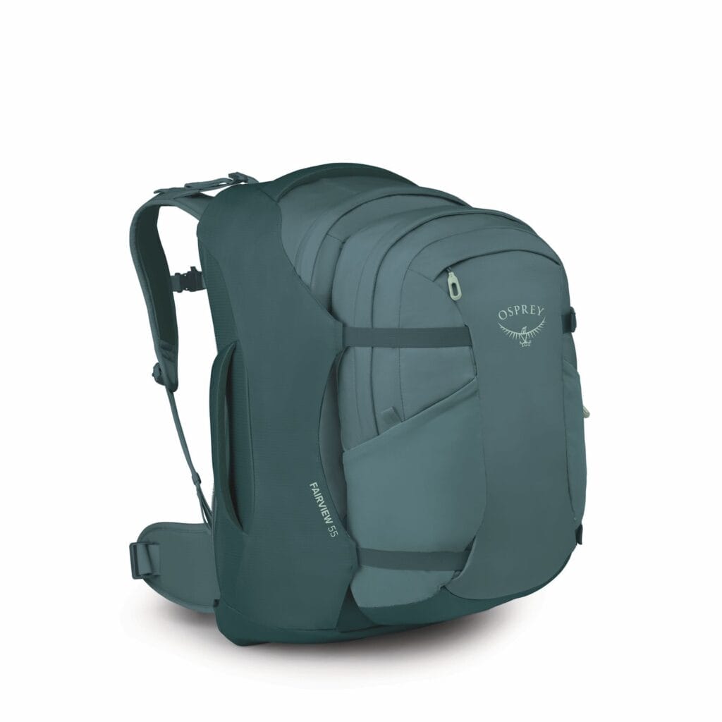 Osprey Fairview 55L Travel Pack, Cascade Blue Torrent Blue, side view, women's carry-on travel backpack, adventure travel bag, detachable daypack, Europe travel