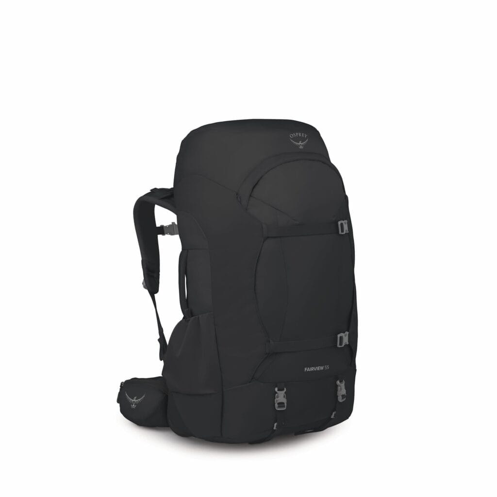 Osprey Fairview Trek 55, black travel backpack, side view, adventure travel, carry-on luggage