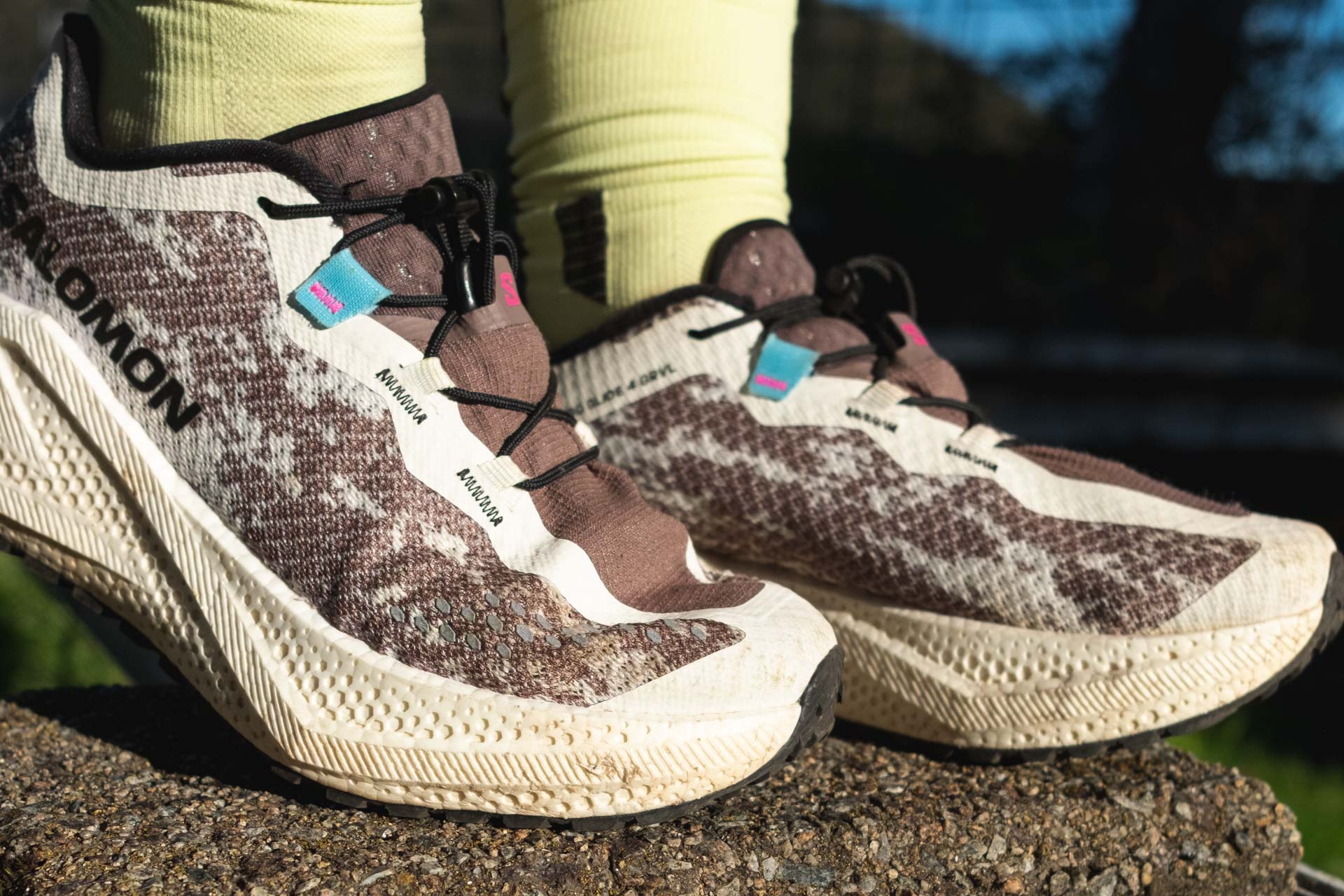 Salomon Aero Glide 4 GRVL – Reviewed & Tested, photo Lachie hand, model Ella Garbett, trail running, gravel running, shoe, close up